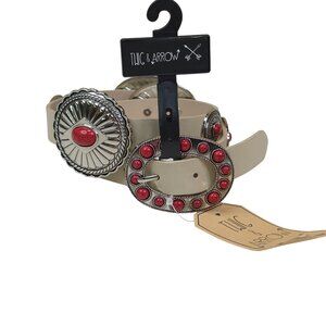 Twig & Arrow Red & Silver Concho Belt M/L Faux Leather Beige 41.5" Long